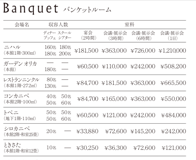 バンケットルーム料金表